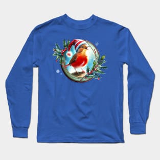 A red bird in a Christmas hat singing on a branch inside a festive winter frame of mistletoe and winter berries and snow flakes Long Sleeve T-Shirt